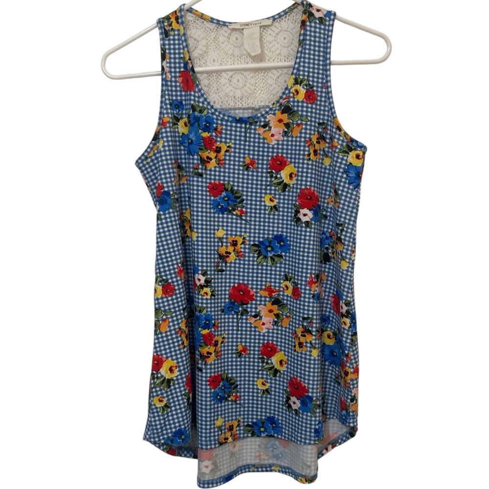 Sydney Rose Blue Floral Gingham Lace Back High-Low Tank Top Small